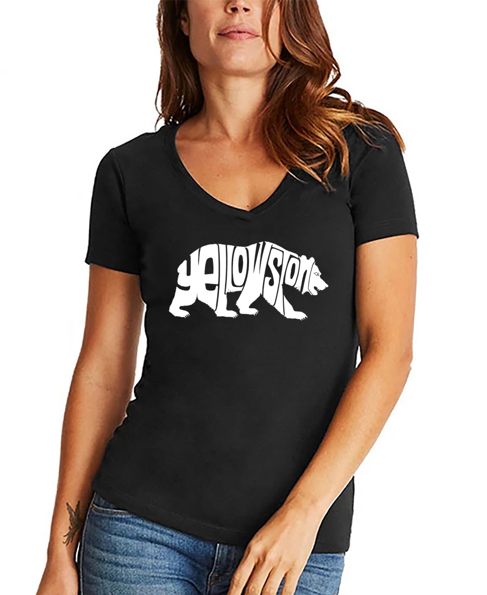 LA Pop Art Women's Yellowstone Bear Word Art V-Neck T-Shirt