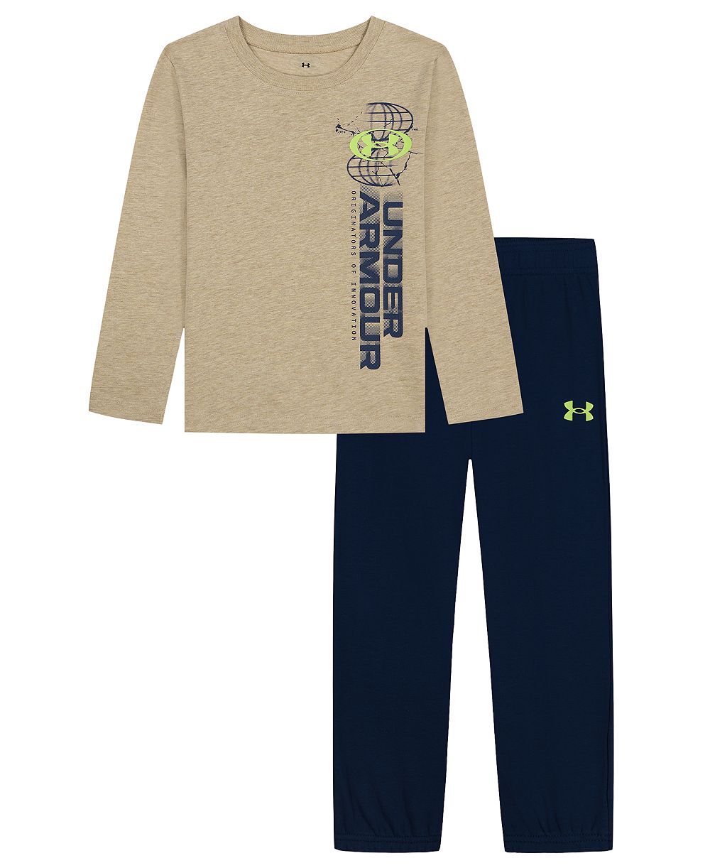 Under Armour Boys' 2T-7 Long-Sleeve Crewneck Cotton-Blend T-Shirt and Pants, 2-Piece Set