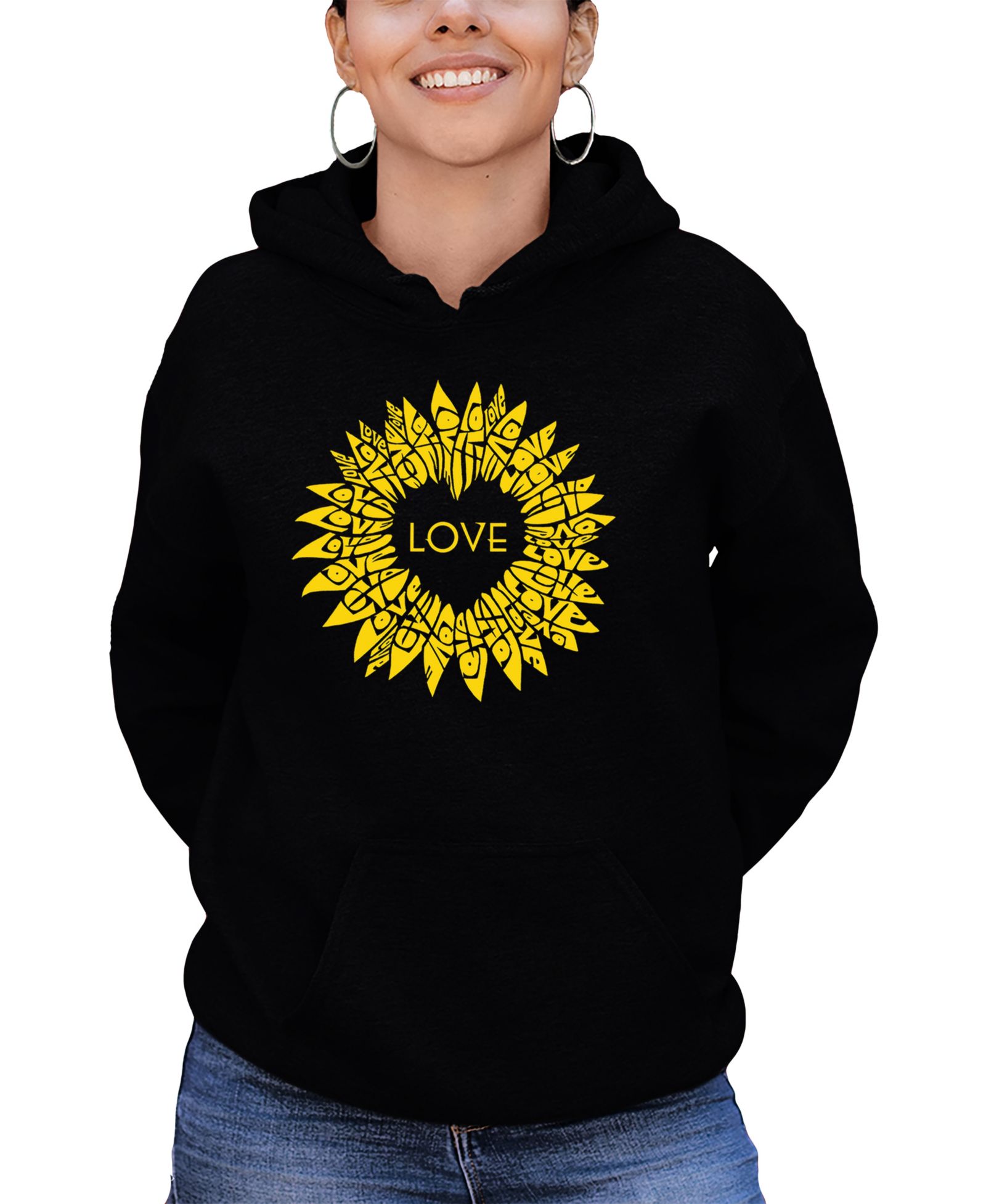 LA Pop Art Women's Sunflower Love Word Art Hooded Sweatshirt