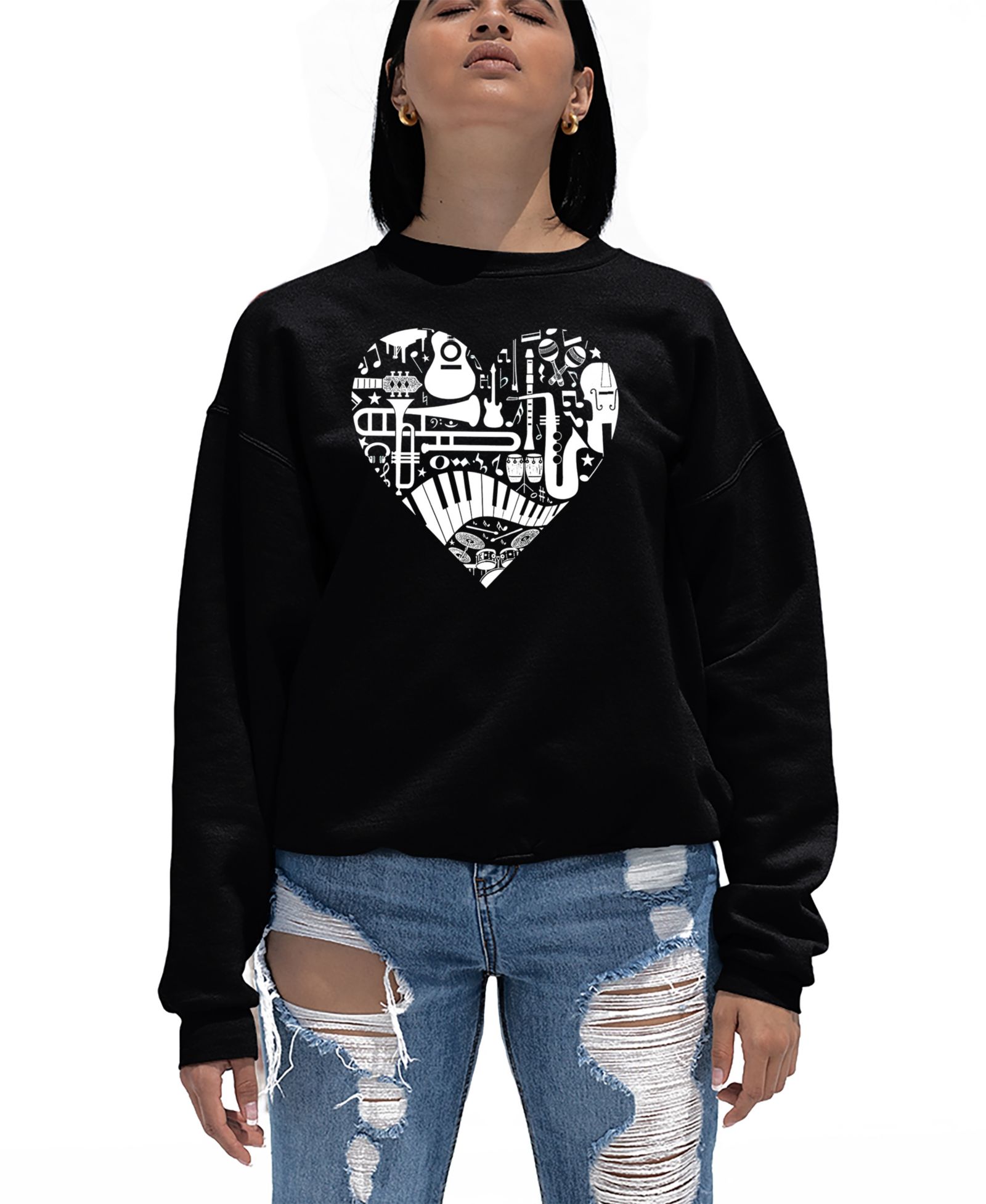 LA Pop Art Women's Musical Instrument Heart Word Art Crewneck Sweatshirt