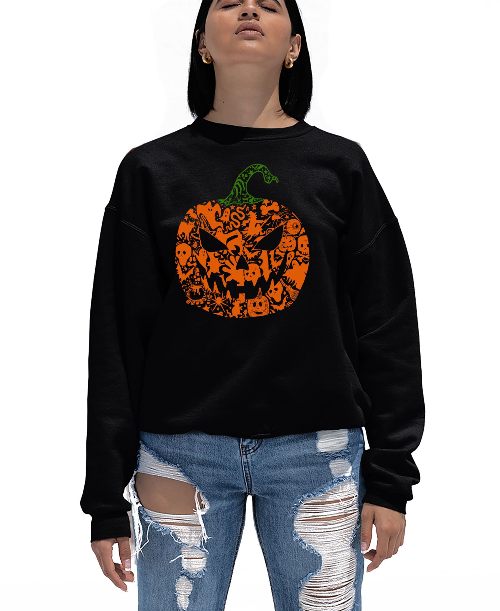 LA Pop Art Women's Halloween Pumpkin Word Art Crewneck Sweatshirt