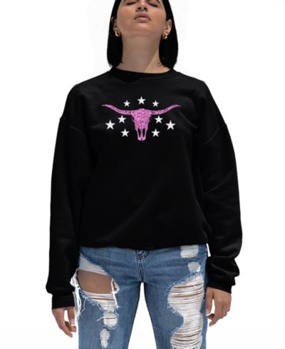 LA Pop Art Women's Cowgirl Cowskull Word Art Crewneck Sweatshirt