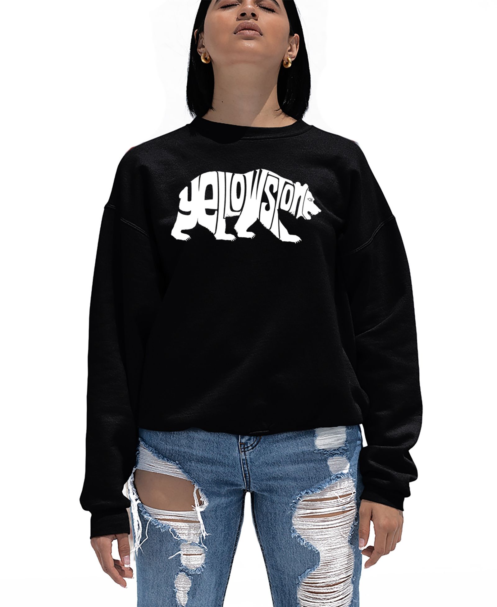 LA Pop Art Women's Yellowstone Bear Word Art Crewneck Sweatshirt
