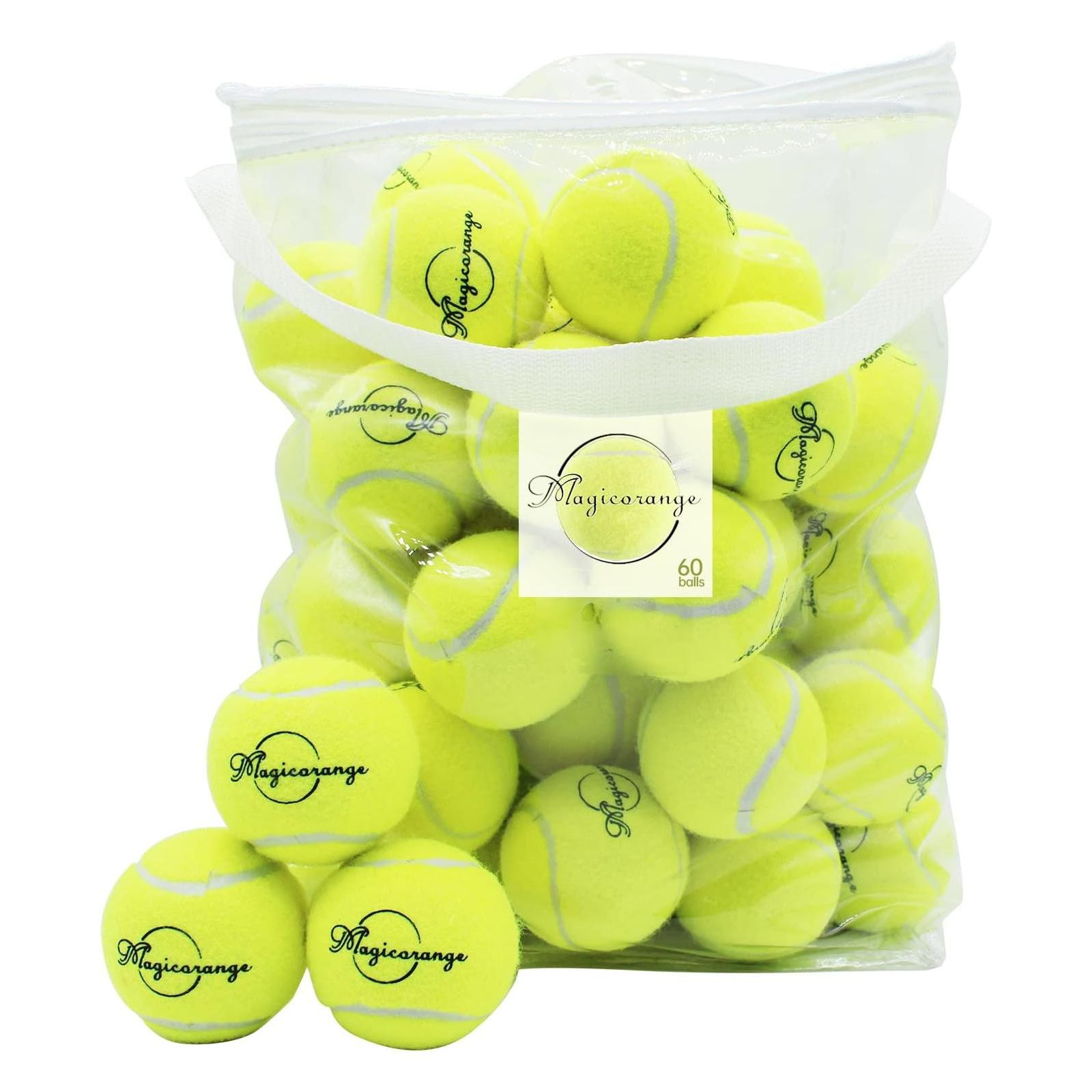 Magicorange Pack of 60 Training Tennis Balls Bulk Practice Balls with Mesh Bag All Court Durable Felt for Beginners and Pet Playing