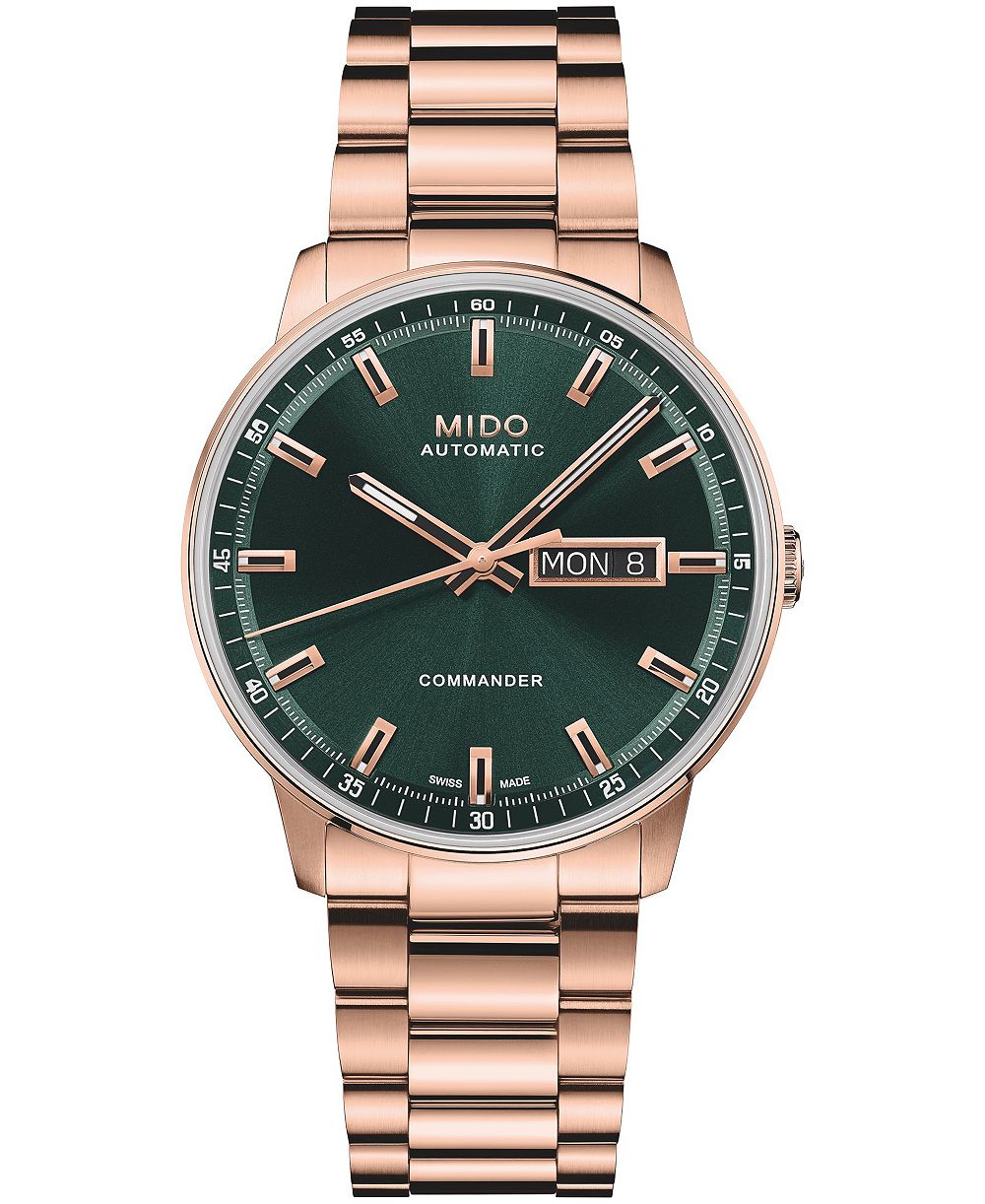 Mido Men's Swiss Automatic Commander Datoday Green Dial Rose-Gold Stainless Steel Bracelet Watch 40mm