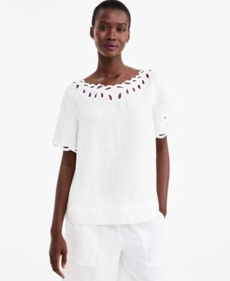 Charter Club Women's Boat Neck Short Sleeve Scalloped-Edge Linen Blouse, Macy's Exclusive