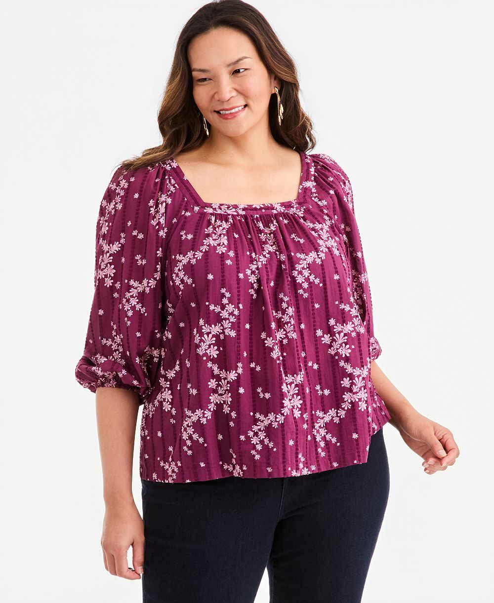 Style & Co Plus Printed Square-Neck Cotton Top, Macy's Exclusive