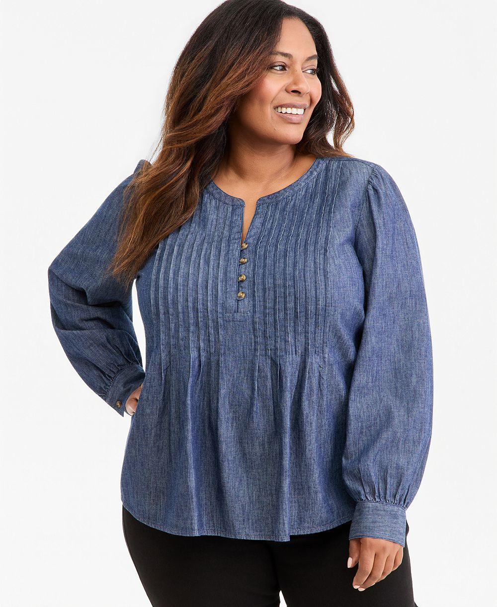 Style & Co Plus Size Chambray Pintuck Long-Sleeve Top, Macy's Exclusive
