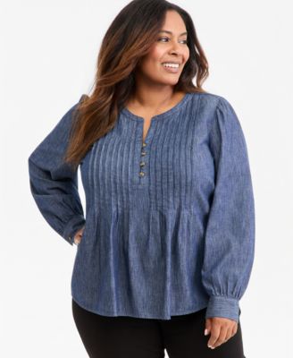 Style & Co Plus Size Chambray Pintuck Long-Sleeve Top, Macy's Exclusive