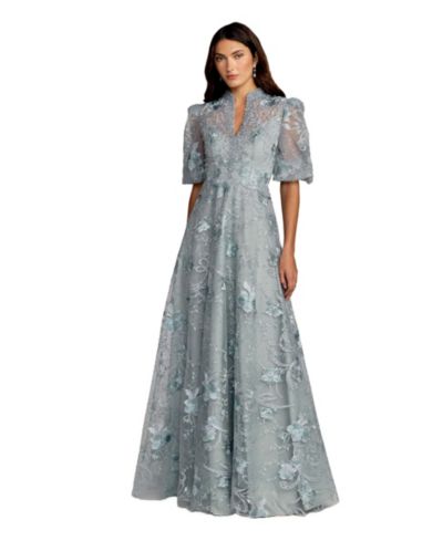 Женское вечернее платье Mac Duggal Embroidered Queen Anne Puff Sleeve A Line Gown