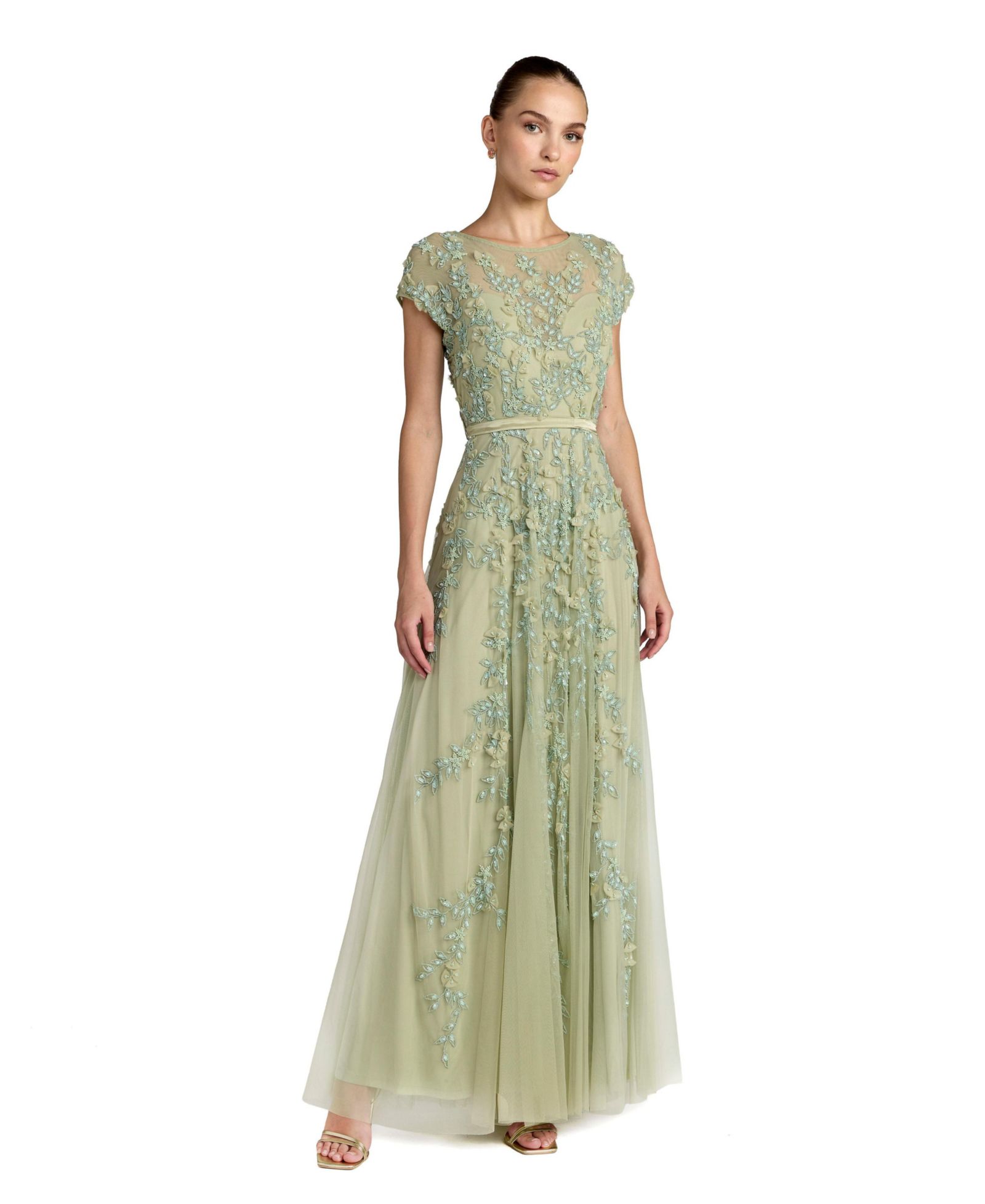 Женское вечернее платье Mac Duggal Floral Embellished Short Sleeve Mesh Gown