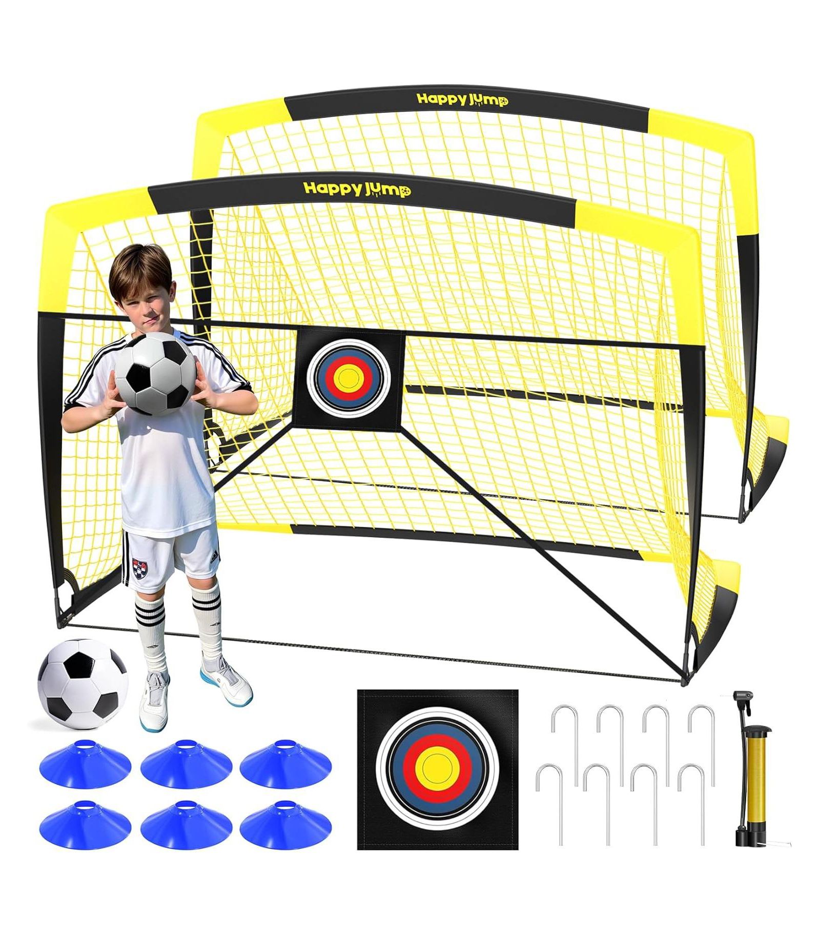 Bearwill 7x5 FT Portable Soccer Goal with Target Board Agility Markers Pump Ball Training Bundle for Youth Players Ages 6 to 14