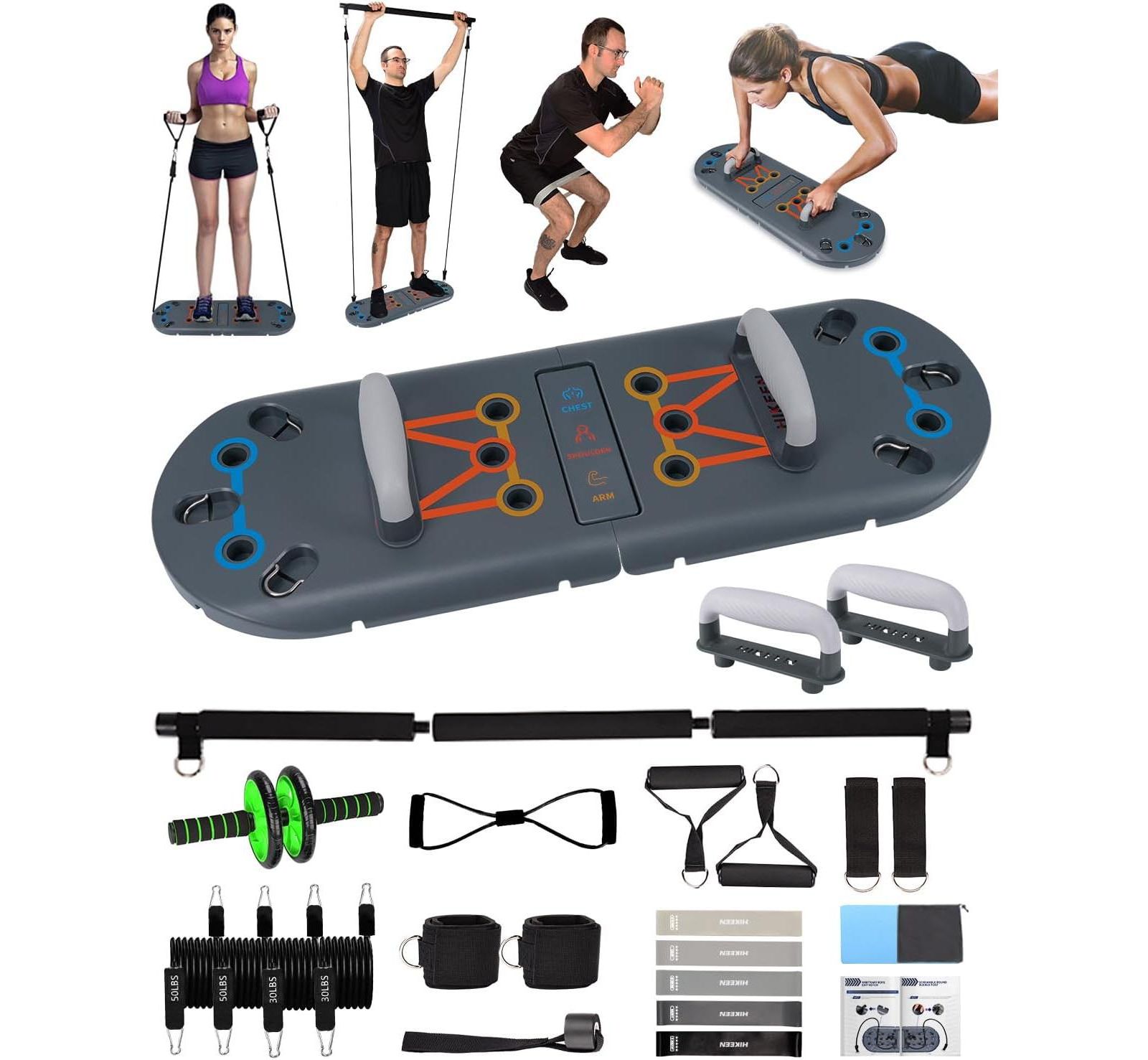 Hikeen Home Workout Equipment to Help Achieve Fitness Goals, 27-in-1 Portable Gym Exercise Equipment with Compact Push-Up Board, Resistance Bands