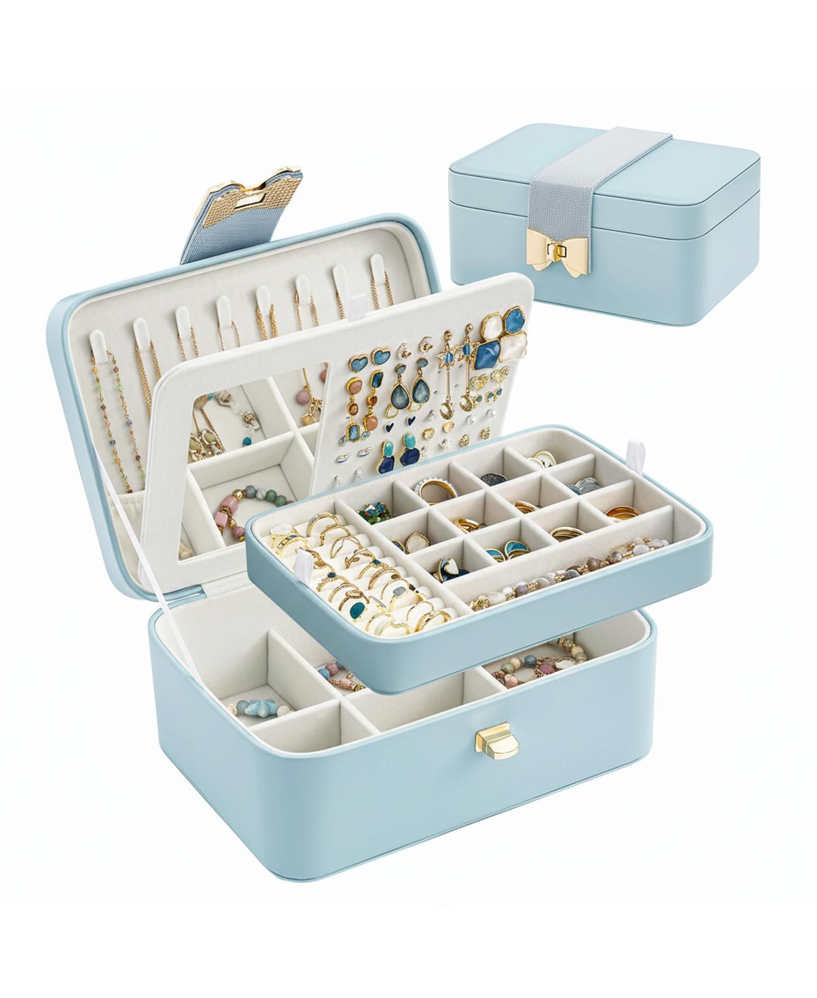 YIGII 2 Layer Jewelry Organizer Box with Bow Clasp Mirror Storage for Earrings Rings Necklaces Gift