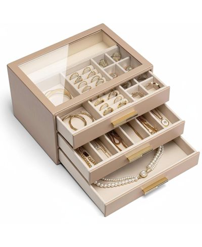 YIGII 3-Layer Organizer with Drawers Glass Lid Display Storage Soft PU Leather Exterior Contrast Metal Handles Refined Style