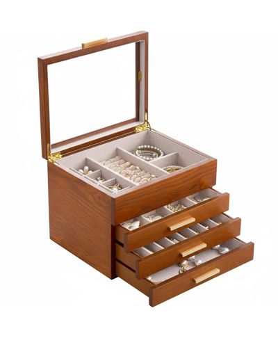 Органайзер для украшений YIGII 3-Layer Clear Window Wood Grain для сережек, браслетов, ожерелий, колец