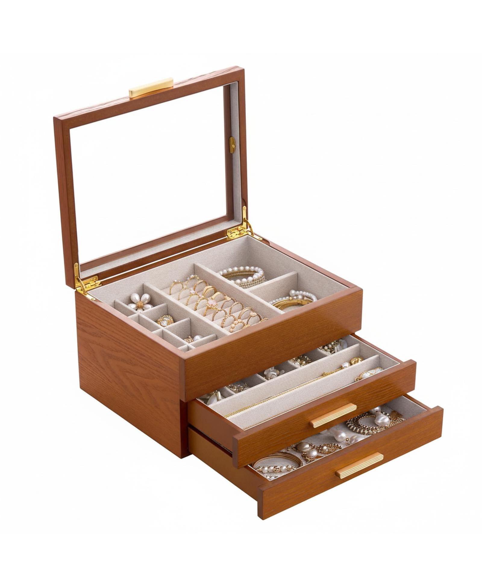 YIGII 3-Layer Clear Window Wood Grain Jewelry Organizer Box for Earrings Bracelets Necklaces Rings High Capacity Storage Gift