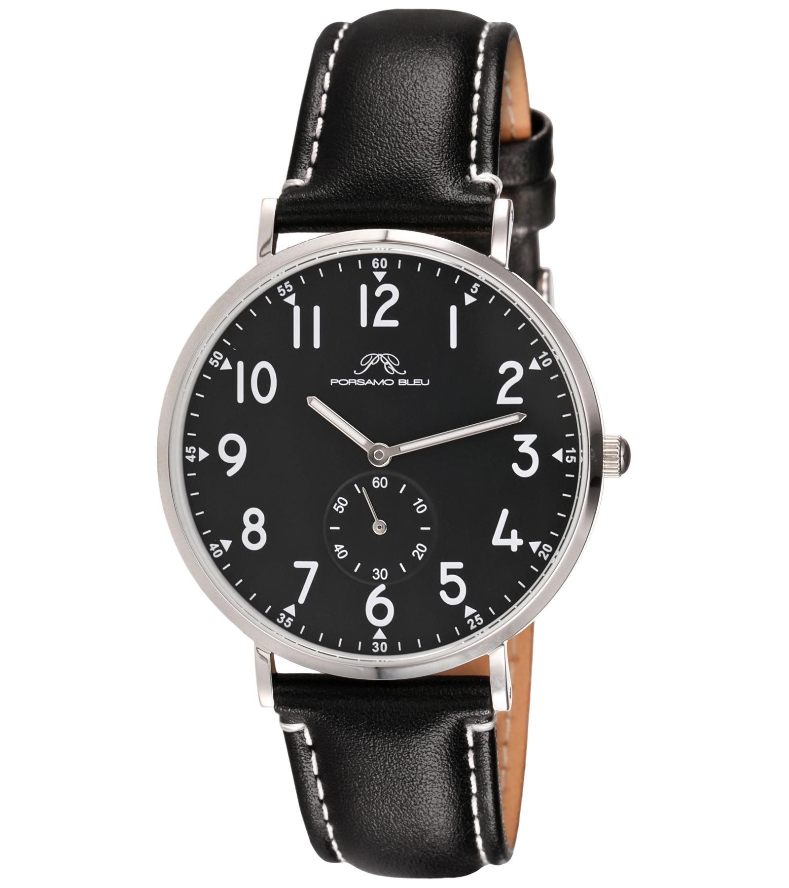 Porsamo Bleu Men's Rowan Round Black Genuine Leather Band Watch 40 mm