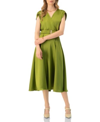 Ivonne Women's Sleeveless Midi Satin Dress with Belt