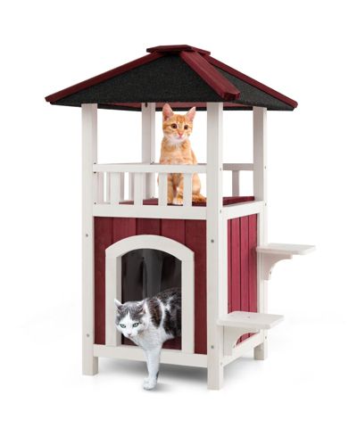 COZITO Cat House 2-Story Wooden with Asphalt Roof and Balcony