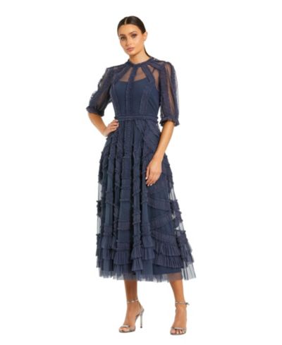 Вечернее платье Mac Duggal Petite High Illusion Neck Ruffle Tiered A-Line Midi