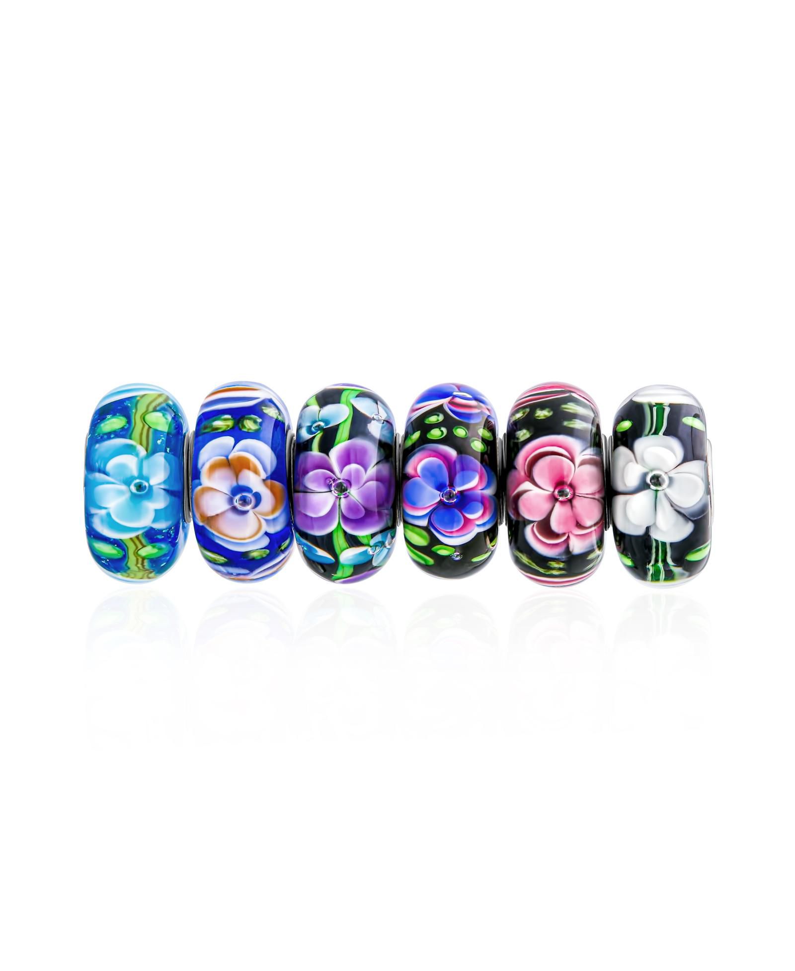 Bling Jewelry Colorful Mix Set Floral Flowers Murano Glass Charm Bead for Bracelet .925 Sterling Silver