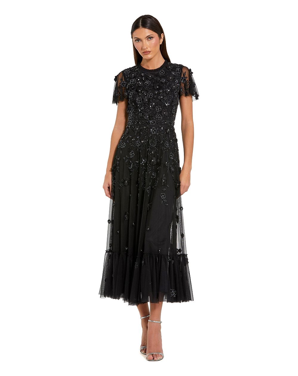 Женское платье Mac Duggal Petite Embellished High Neck A-Line с воланами на рукавах