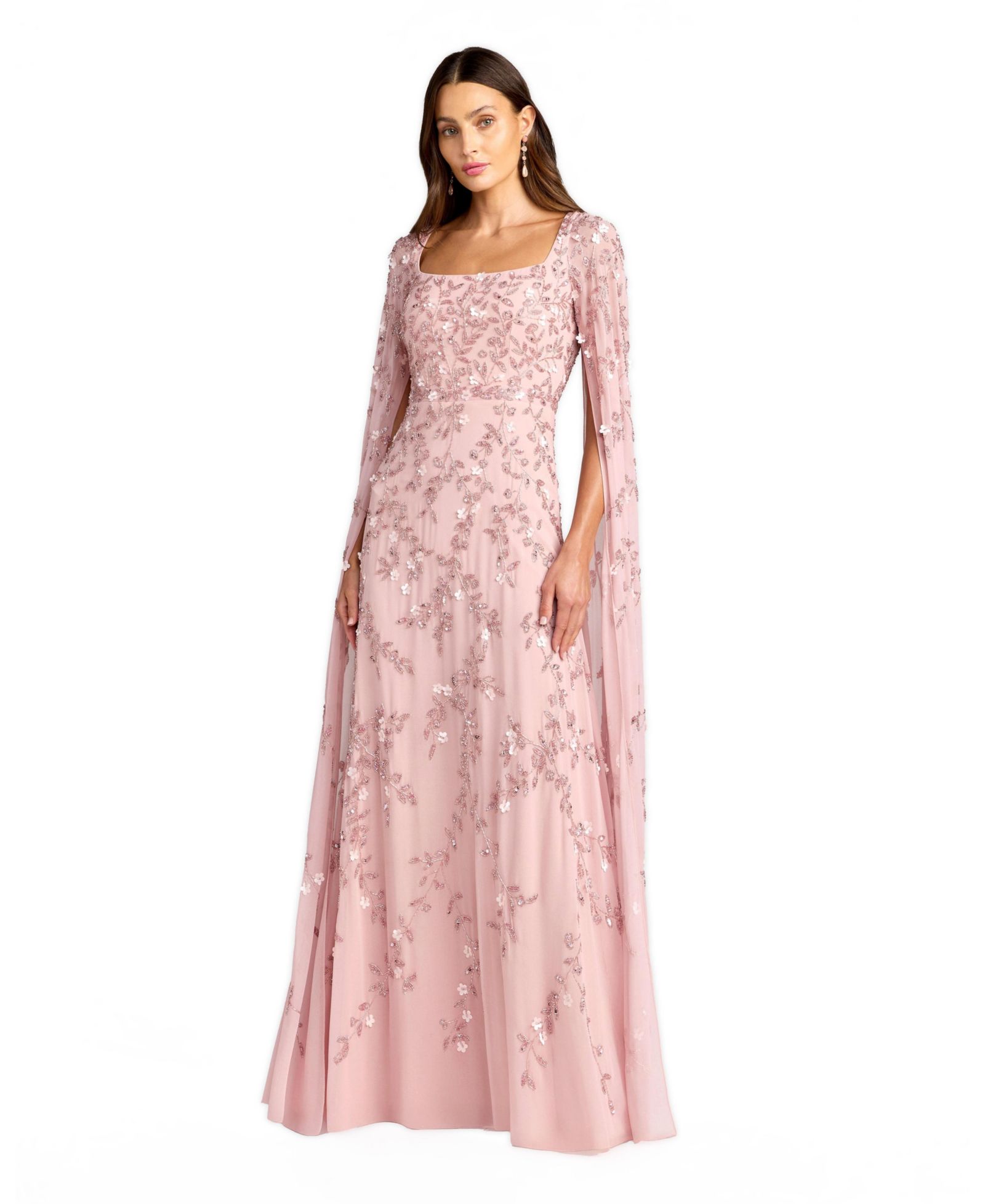 Mac Duggal Women's Embellished Cape Sleeve A-Line Mesh Maxi Gown