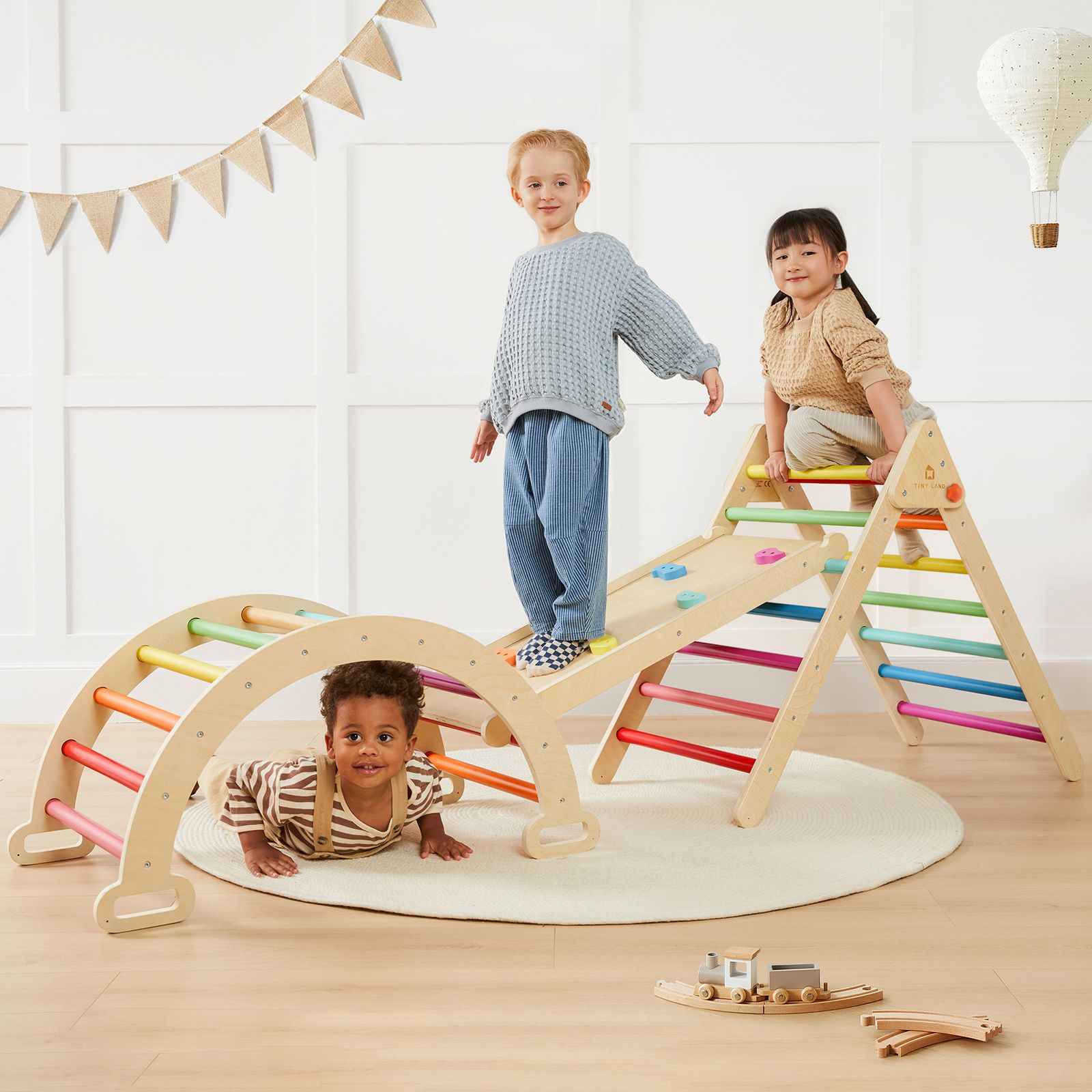 Деревянный игровой набор Tiny Land Pikler Triangle Set, 7-in-1 Montessori Climbing Toy, Rainbow