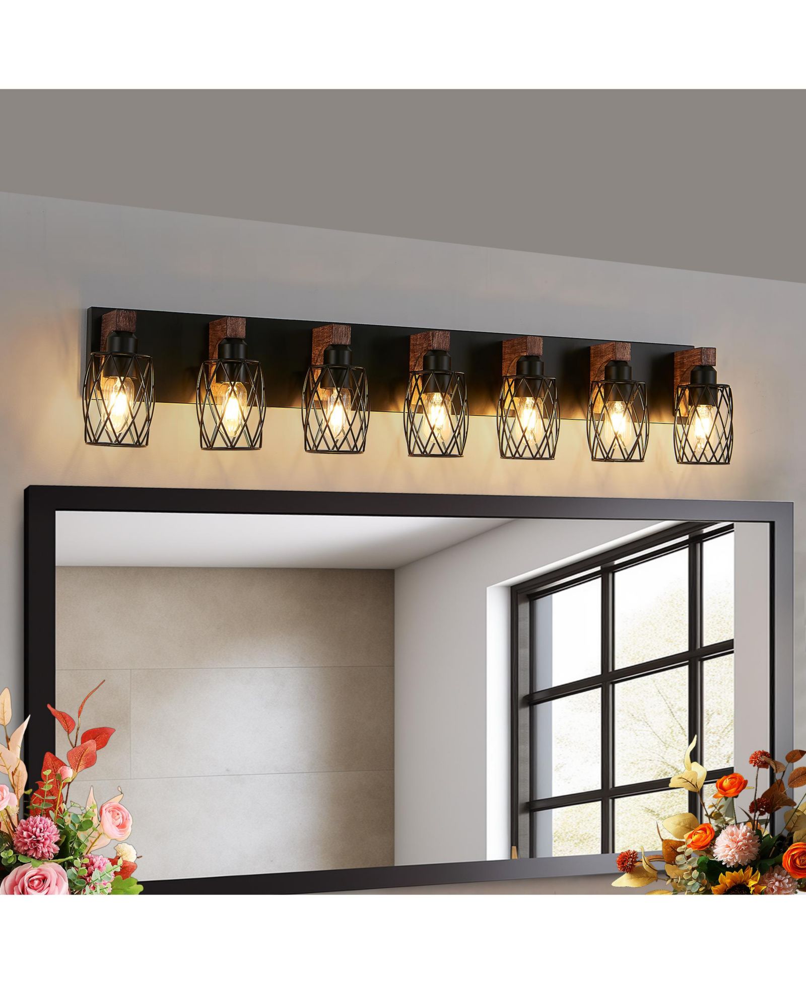 BUSDAYS Industrial Vintage 7 Light Wall Sconce Black Cage Wall Fixture with Wood Accent for Bathroom Hallway Living Room Bulb Not Included