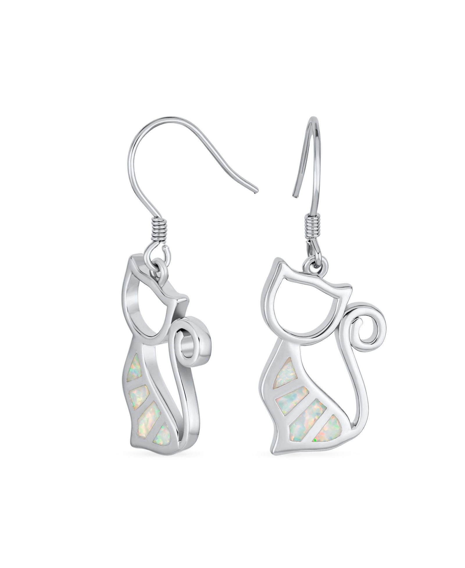 Bling Jewelry Animal Lover Pet Kitten White Created Opal Cat Dangle Earrings .925 Sterling Silver