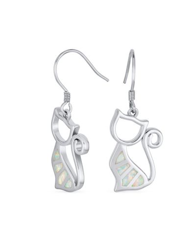 Bling Jewelry Animal Lover Pet Kitten White Created Opal Cat Dangle Earrings .925 Sterling Silver