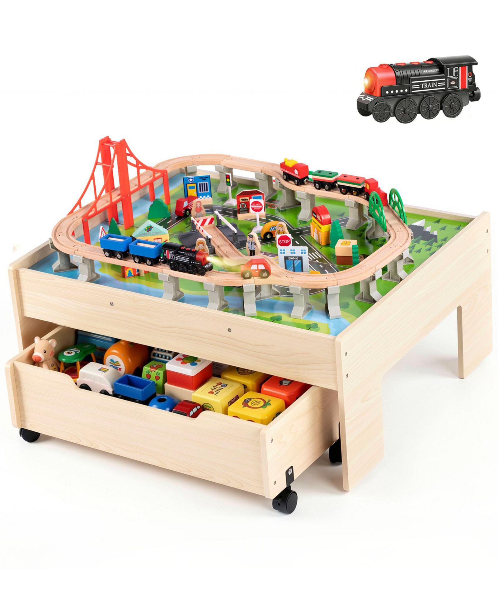 SUGIFT 100-Piece Multicolor Wooden Kids Activity Table, 3-in-1 Wooden Train Set with Rolling Storage Drawer, Creative Toy Set for Kids Ages 3+
