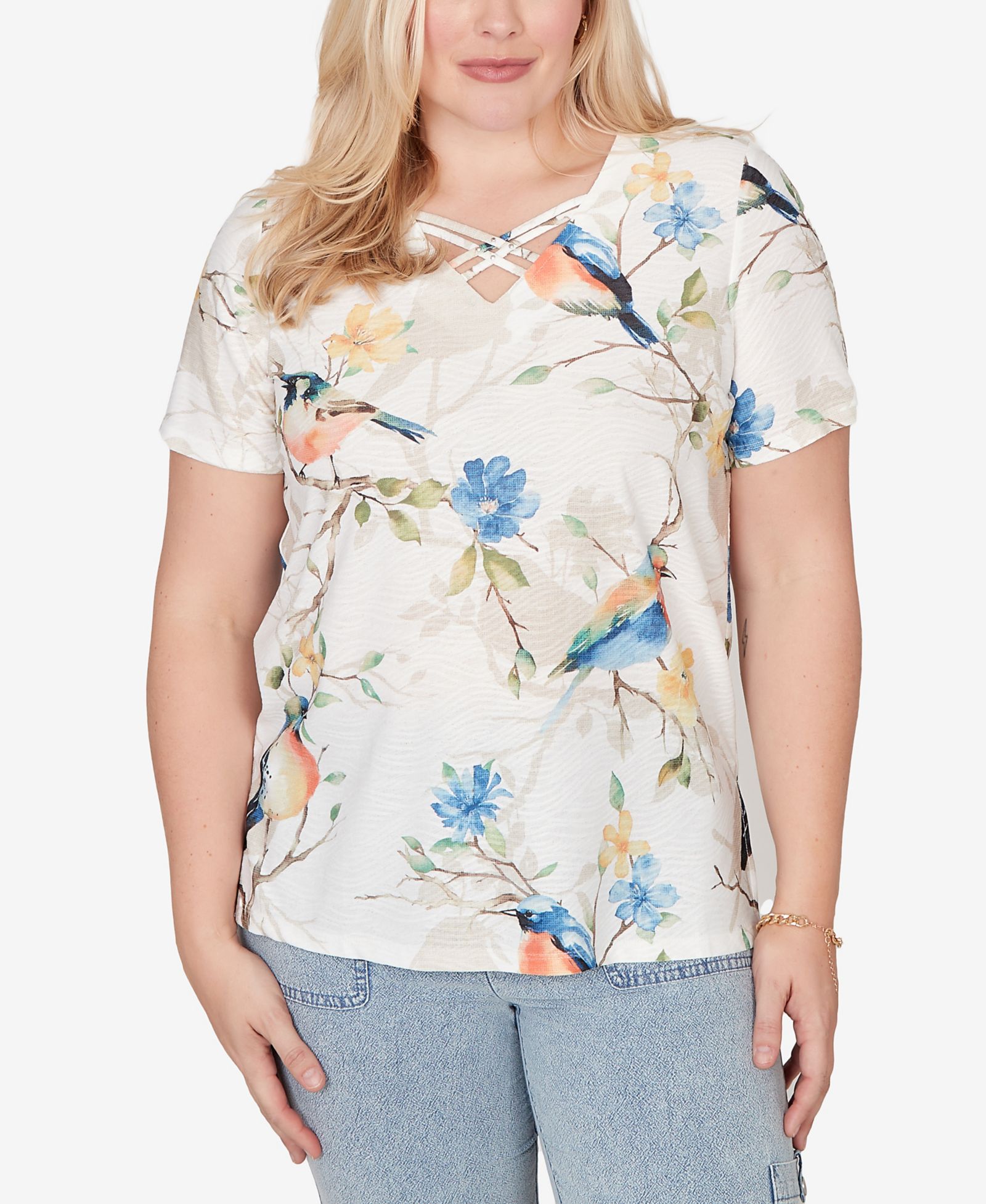Футболка Alfred Dunner Petite Out of the Blue Chickadees Embellished V-Neck для женщин