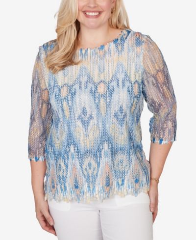 Alfred Dunner Petite Out of the Blue Dramatic Ikat Scallop Trim Crewneck Top