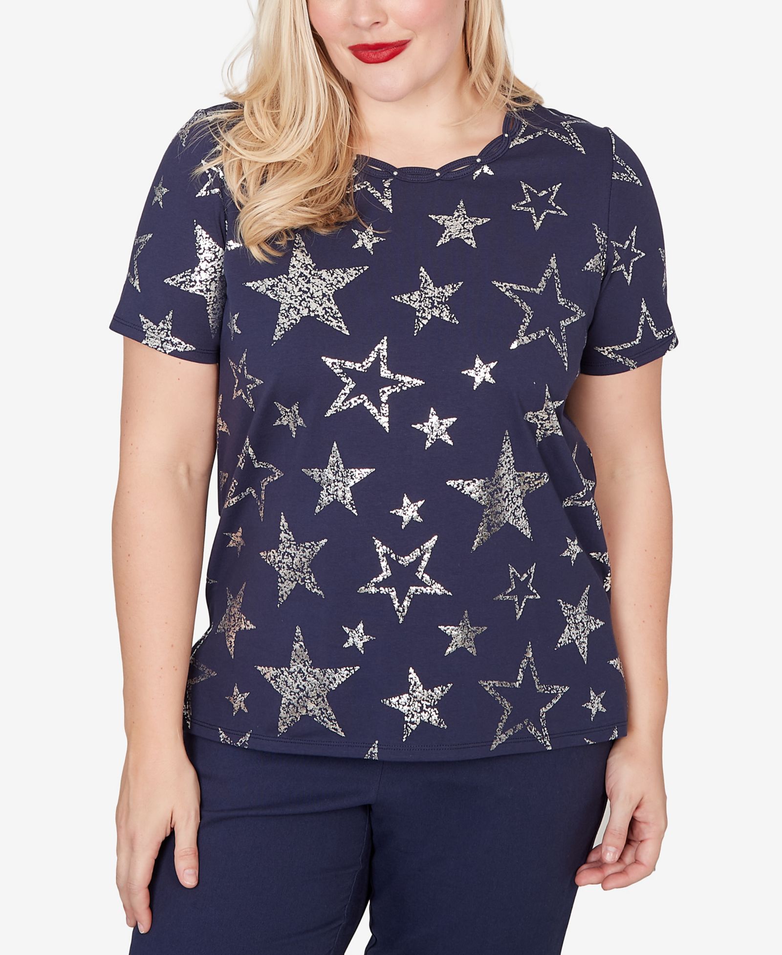 Alfred Dunner Женская футболка Petite Lady Liberty Sparkling Foil Stars Short-Sleeve