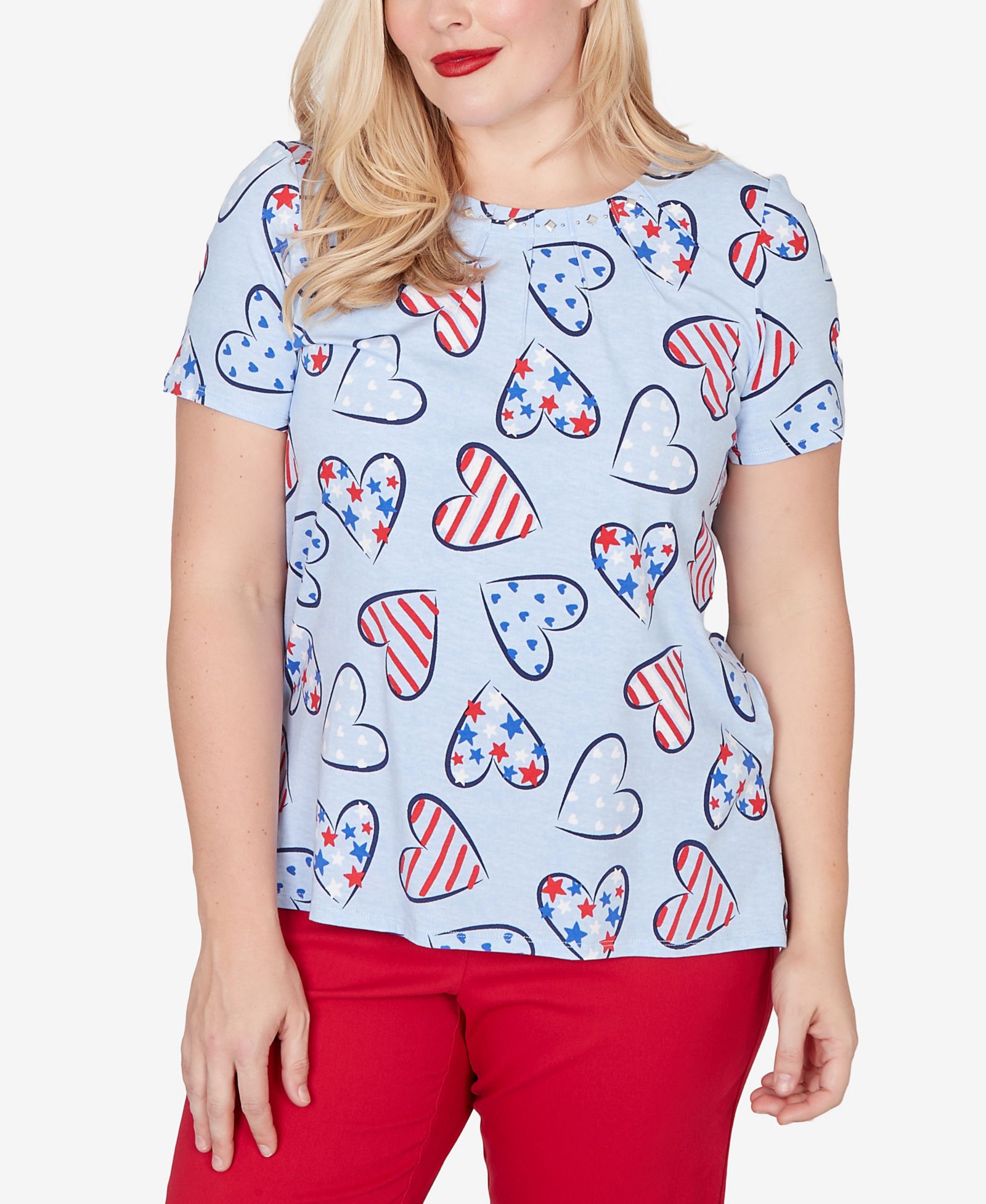 Alfred Dunner Petite Lady Liberty American Flag Hearts Printed Short-Sleeve T-Shirt