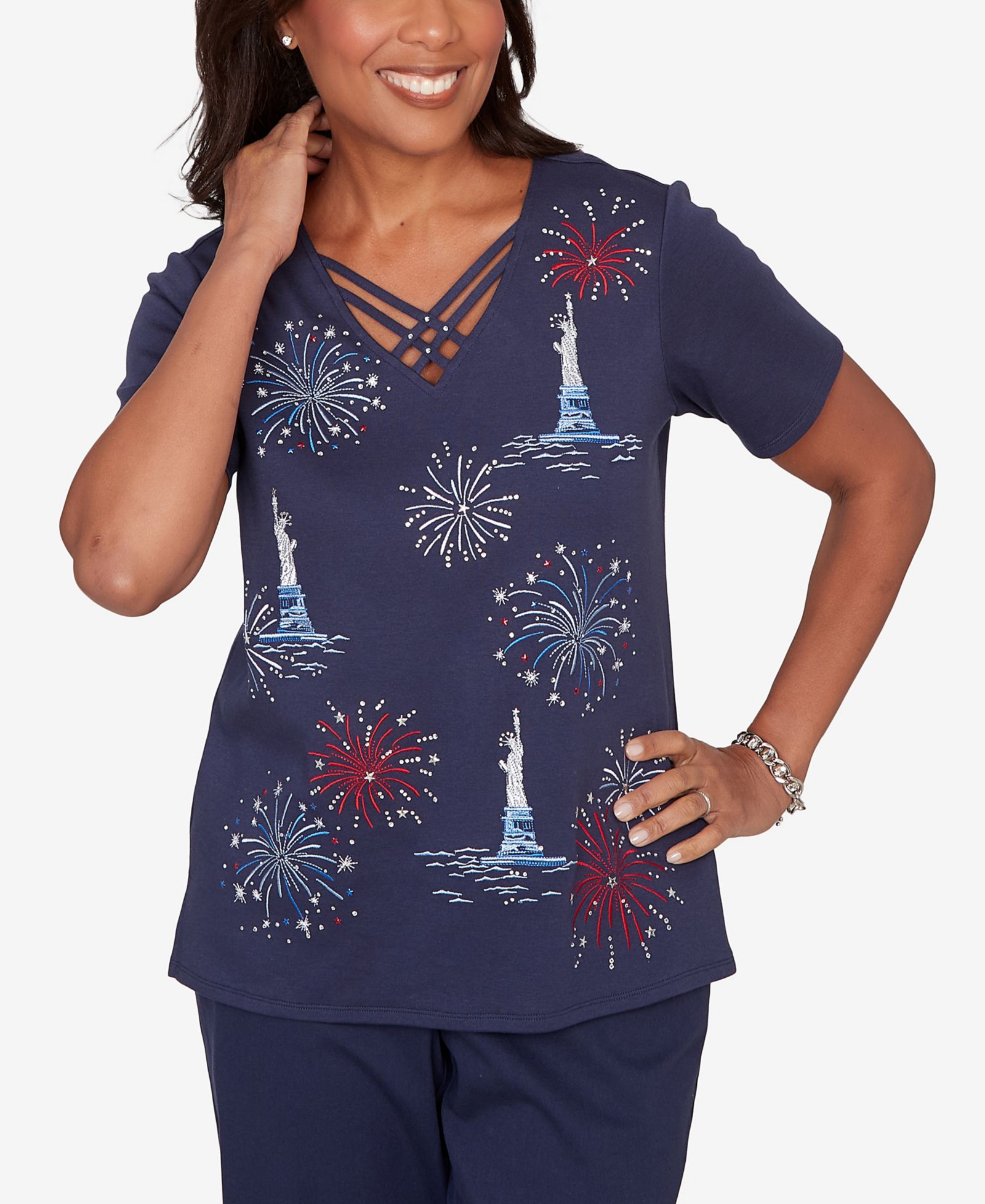 Alfred Dunner Petite Lady Liberty Statue of Liberty Fireworks V-Neck T-Shirt