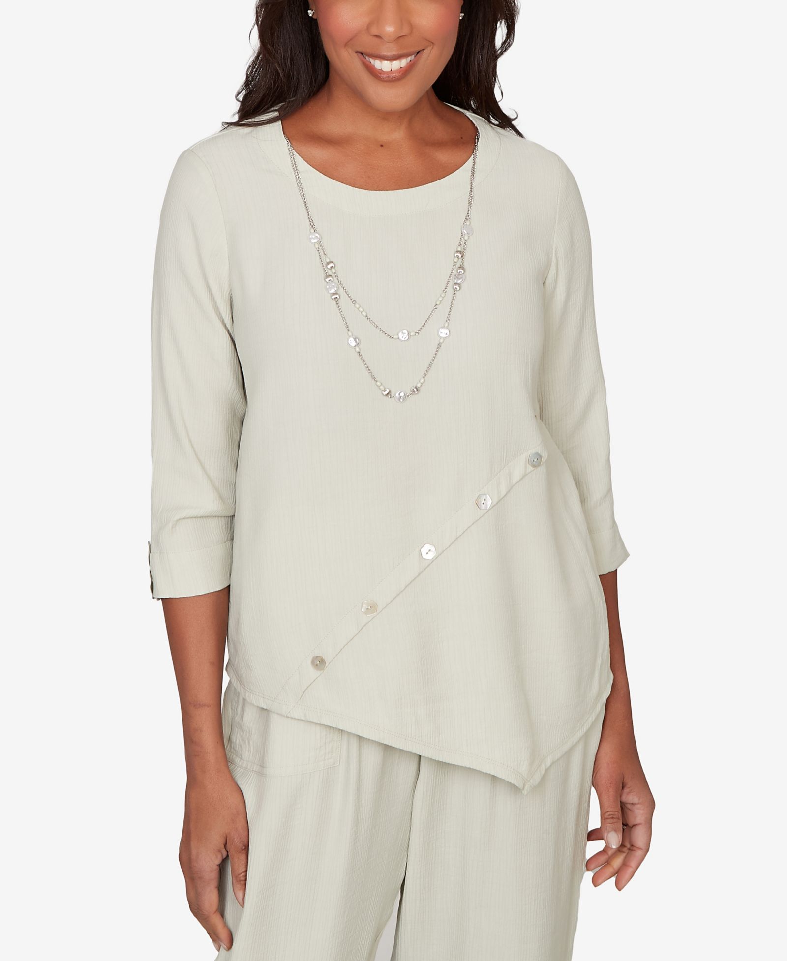 Alfred Dunner Petite Vintage Charm Diagonal Spliced Detailed Top with Necklace