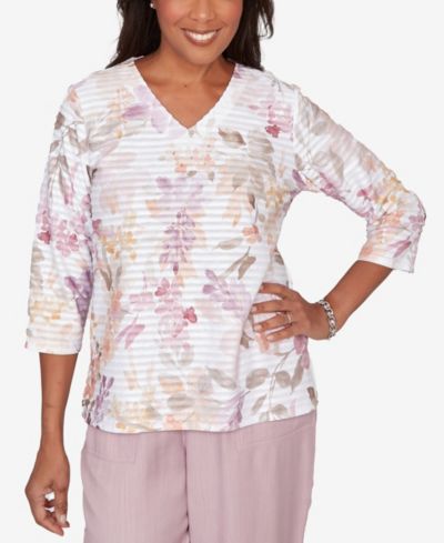 Alfred Dunner Petite Vintage Charm Watercolor Floral Textured V-Neck Top