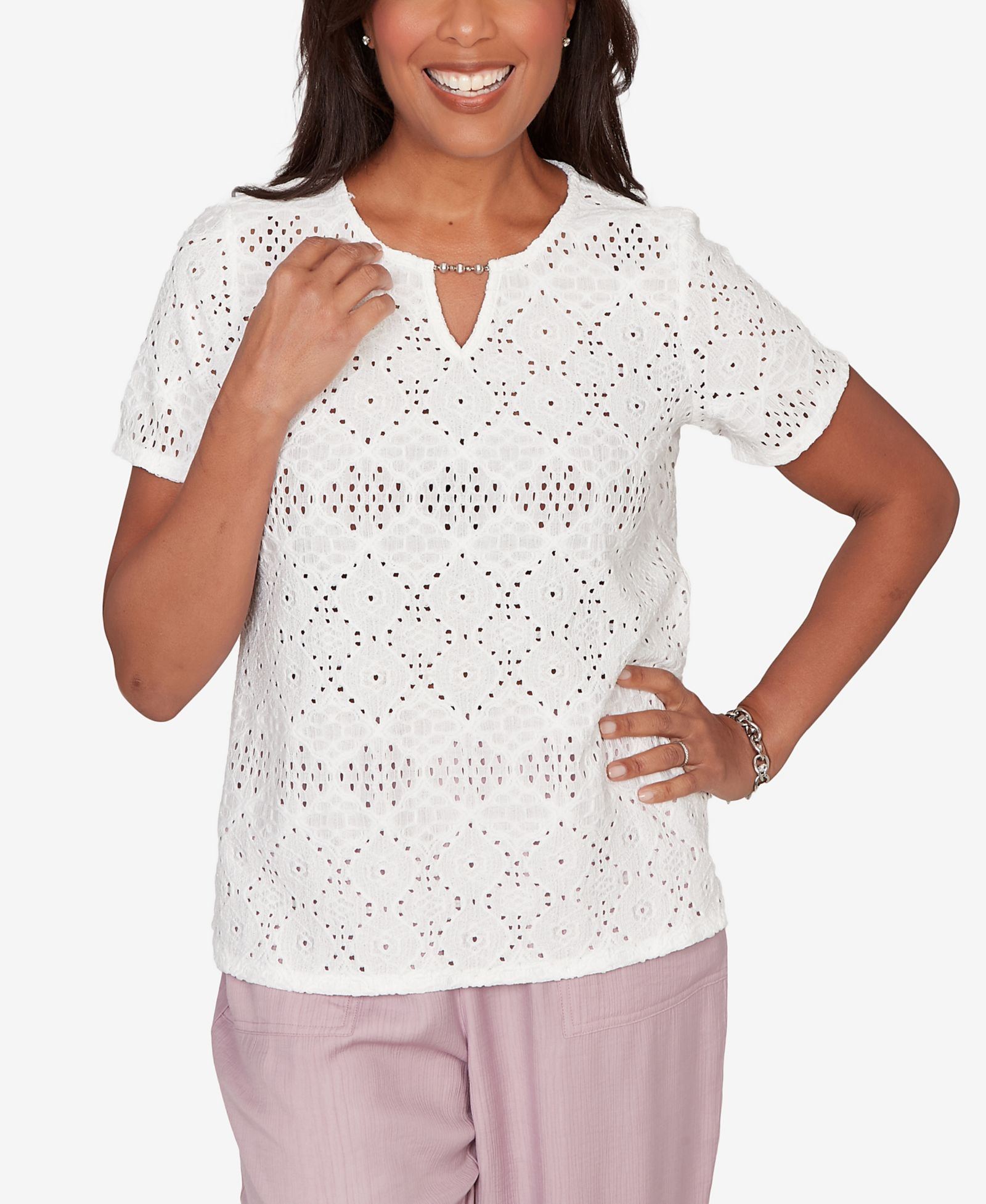 Alfred Dunner футболка с вышивкой Eyelet Split Beaded Neck, Petite, винтажный стиль