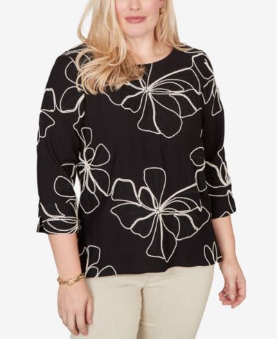 Alfred Dunner Petite Detail Driven Flower Soutache Three-Quarter-Sleeve Top