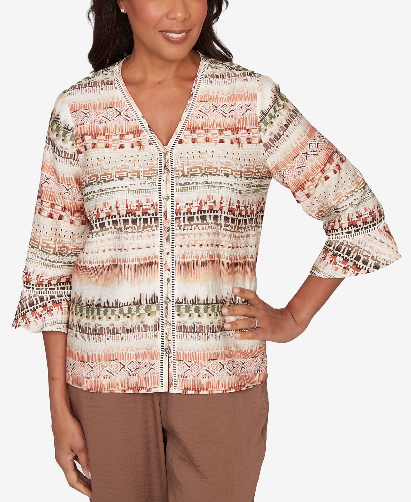 Топ Alfred Dunner Petite Spice Market Biadere Stripe Center Seam V-Neck