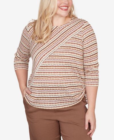 Alfred Dunner Petite Crewneck Spice Market Spliced Textured Stripe Ruched-Tie Top