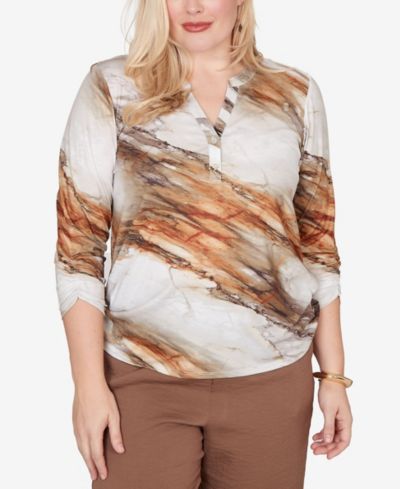 Alfred Dunner Petite Spice Market Marble Print Split Neck Top
