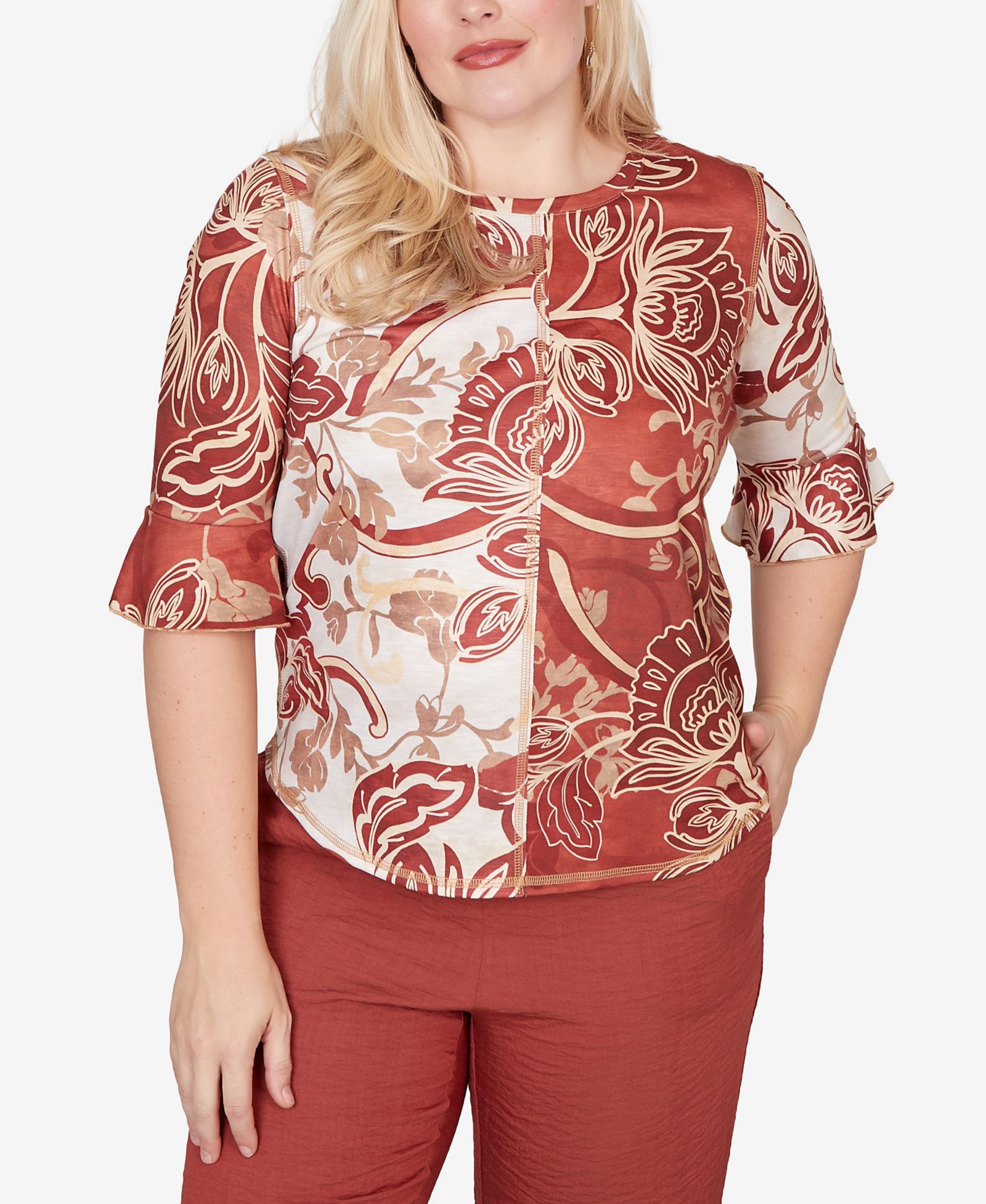 Alfred Dunner Petite Spice Market Spliced Colors Scroll Print Crewneck Top