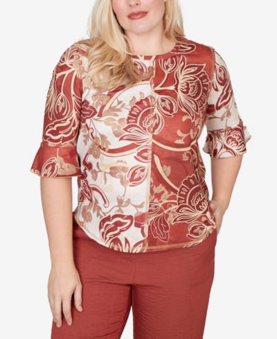 Alfred Dunner Petite Spice Market Spliced Colors Scroll Print Crewneck Top