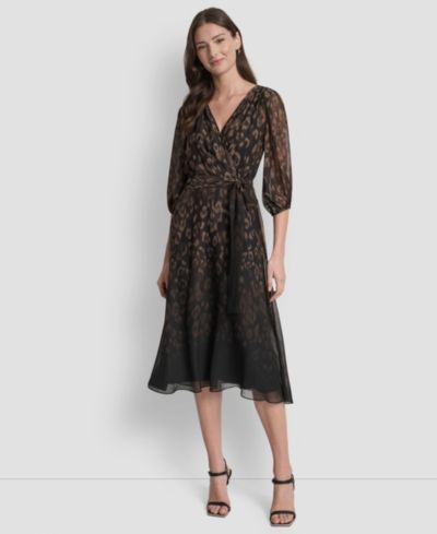 DKNY Женское миди платье с принтом и V-образным вырезом