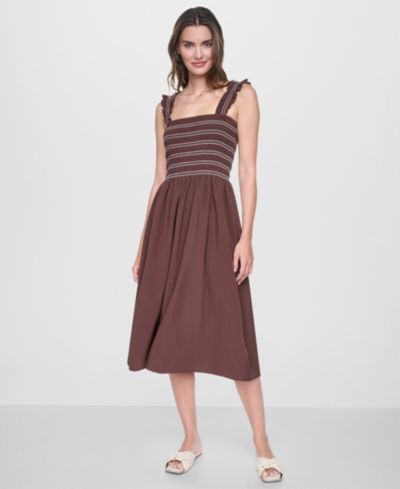 DKNY Women's Smocked Bodice Sleeveless Midi Dress