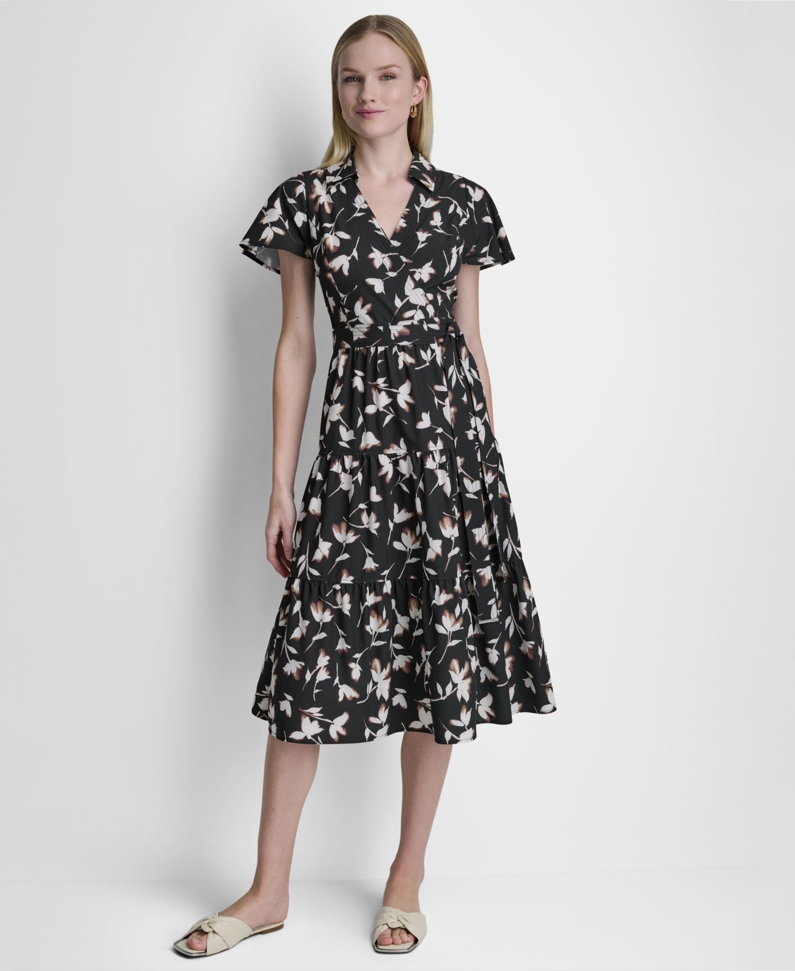 Женское многослойное платье миди DKNY Flutter-Sleeve Tiered Printed
